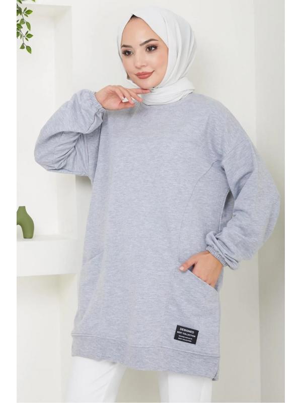 Torba Cepli Bisiklet Yakalı Sweatshirt Tunik Gri HM2509