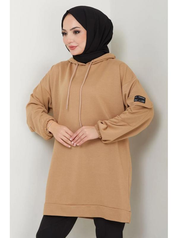 Kapüşonlu Kolu Cep Detaylı Sweatshirt Tunik Camel HM2582