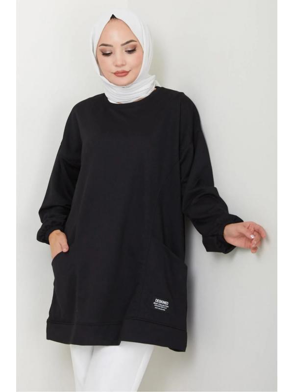 Torba Cepli Bisiklet Yakalı Sweatshirt Tunik Siyah HM2509