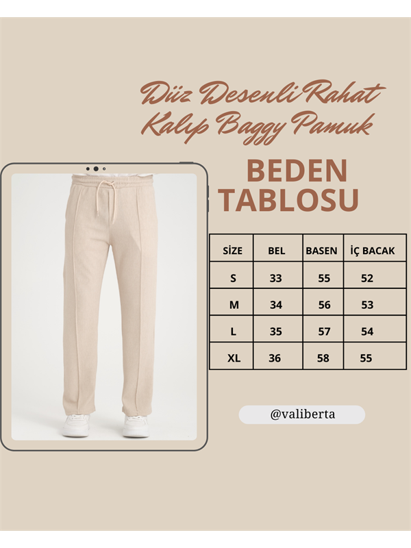 Düz Desenli Rahat Kalıp Beli Lastikli Baggy Pantolon - Siyah