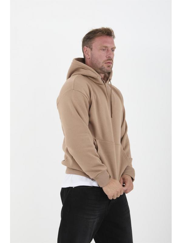 Bej Erkek Oversize Kapüşonlu Kanguru Cepli Sweatshirt - Hoodie