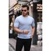 Saç Örgü Fit Kesim Bisiklet Yaka Triko T-Shirt - Açık Mavi