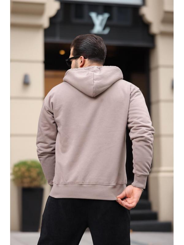 İçi Peluş Üç İp Kumaş Oversize Fermuarlı Kapüşonlu Sweatshirt- Bej