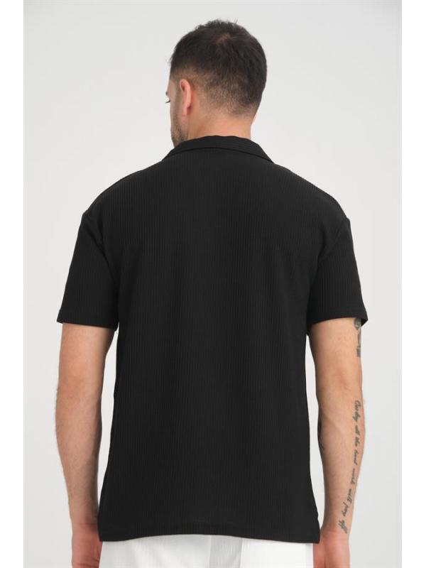 Premium V Yaka Oversize Fitilli T-Shirt - Siyah