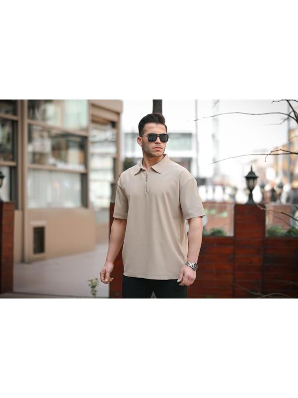 Fitilli Yarım Fermuar Oversize T-shirt - Bej