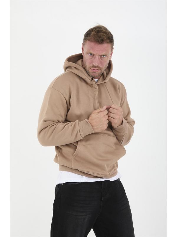 Bej Erkek Oversize Kapüşonlu Kanguru Cepli Sweatshirt - Hoodie