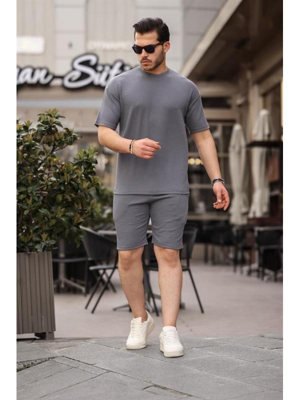 Fitilli Oversize T-Shirt Şort Takım - Füme