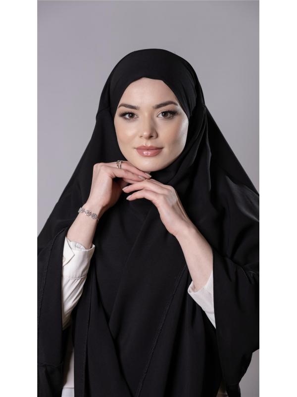 Siyah Pratik Hazır Geçmeli Tesettür Eşarp Medine İpeği Bağcıklı Sufle Hijab 2301_01