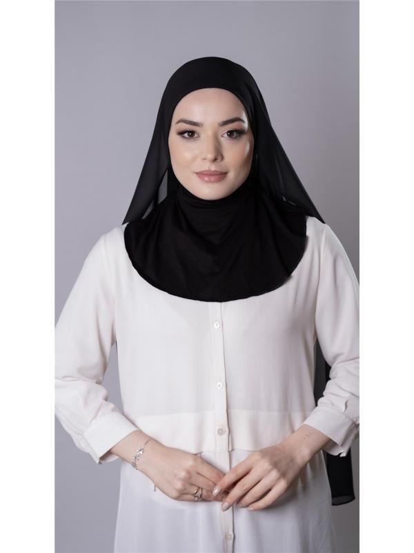 Siyah Pratik Hazır Geçmeli Şal Şifon Kumaş Hijab Bone 3009_01