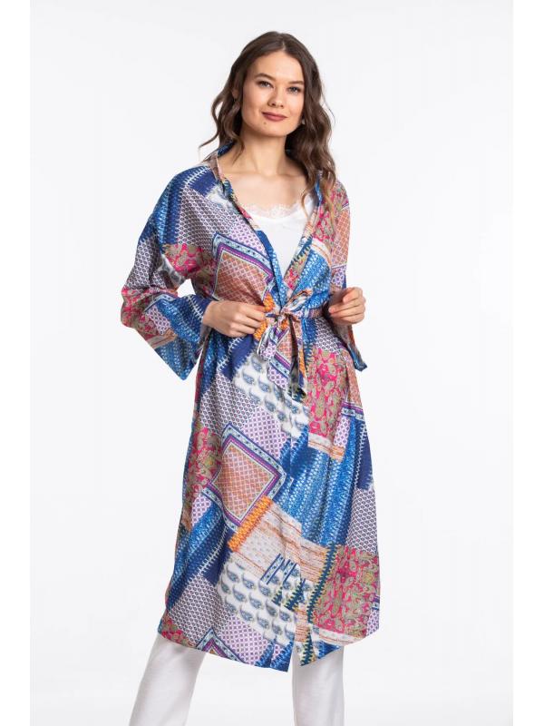 Kadın Mavi Desenli Kemerli Kimono 60350