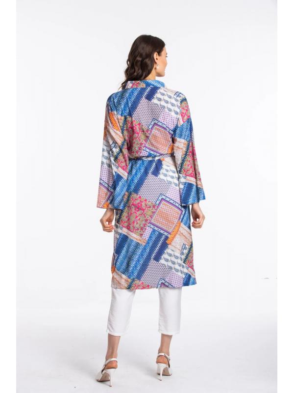 Kadın Mavi Desenli Kemerli Kimono 60350