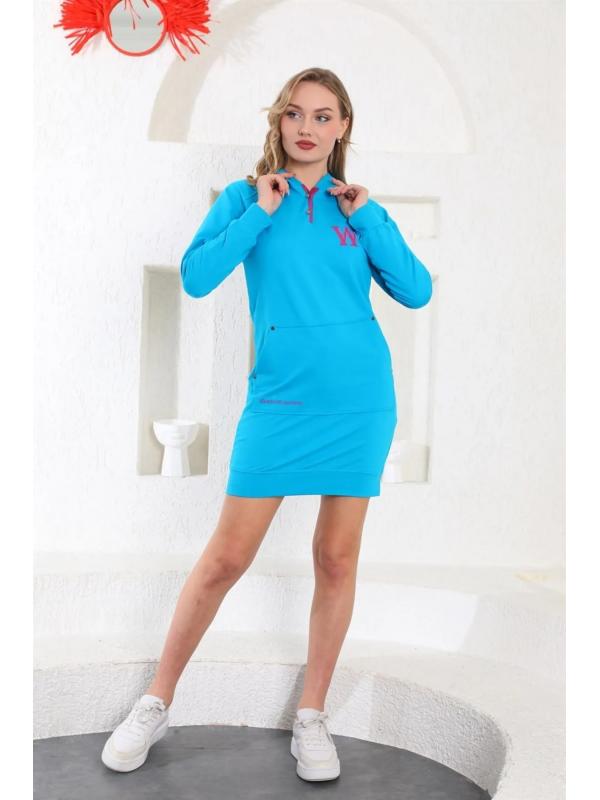 Kapüşonlu Spor Mini Tunik Elbise - Turkuaz