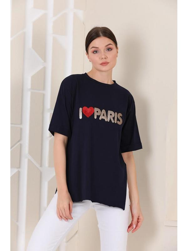 Bayan Oversize Paris Baskılı Yırtmaçlı T-shirt