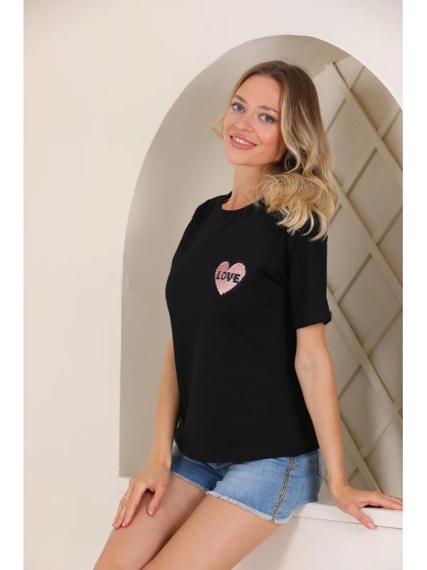 Kadın Siyah Love Pul Payet Detaylı T-shirt