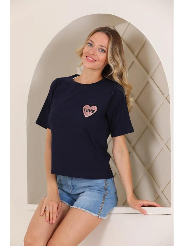 Kadın Lacivert Love Pul Payet Detaylı T-Shirt