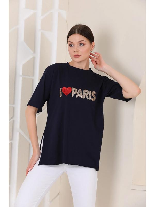 Bayan Oversize Paris Baskılı Yırtmaçlı T-shirt