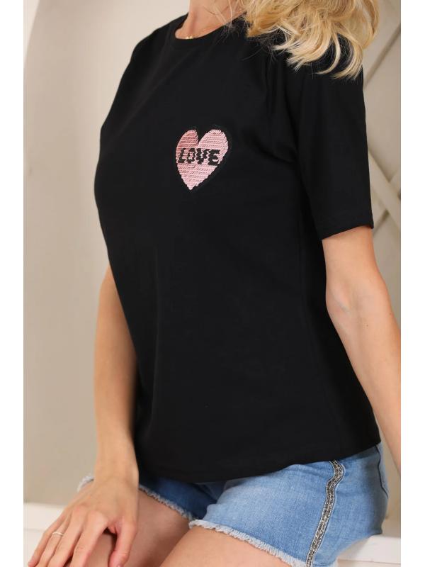 Kadın Siyah Love Pul Payet Detaylı T-shirt