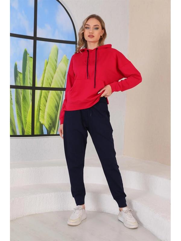 Kabartma Kalp Desenli Günlük Sweat Jogger Kadın Spor Takım Kırmızı