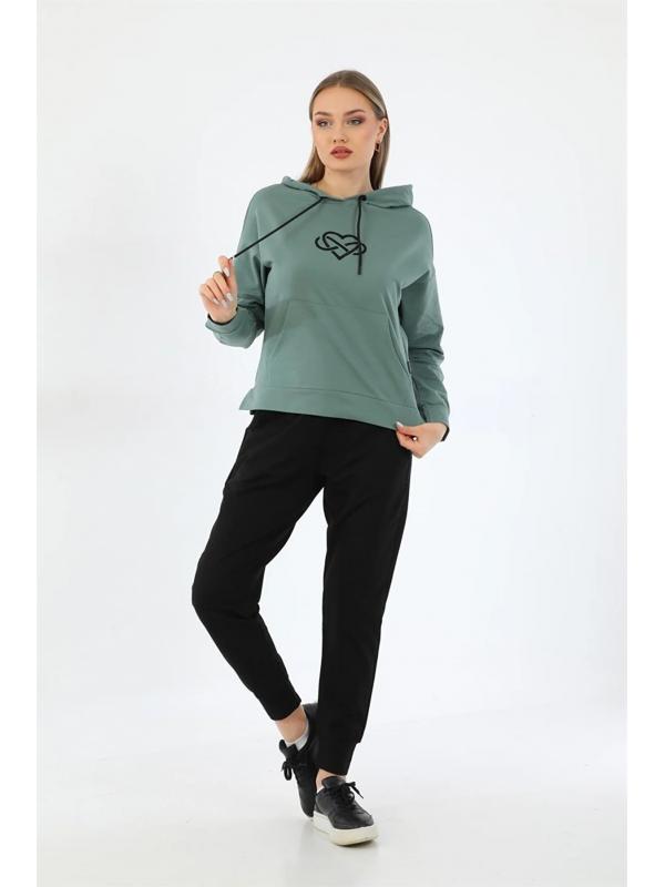 Kalp Desenli Günlük Sweat Jogger Kadın Spor Takım - Mint