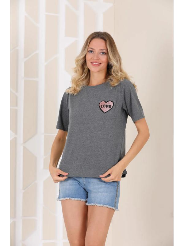 Kadın Gri Love Pul Payet Detaylı T-shirt