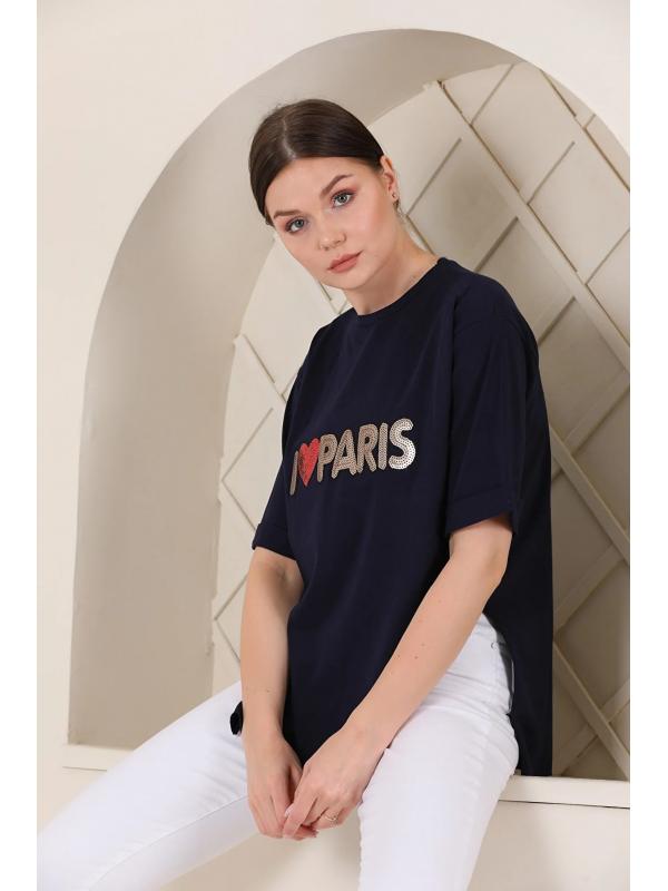 Bayan Oversize Paris Baskılı Yırtmaçlı T-shirt