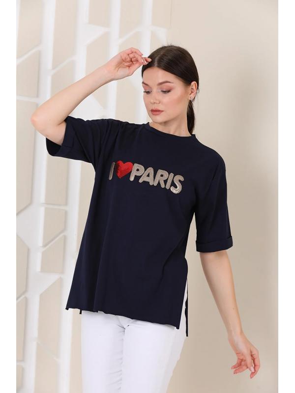 Bayan Oversize Paris Baskılı Yırtmaçlı T-shirt