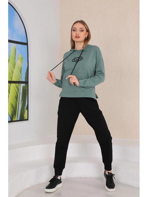 Kalp Desenli Günlük Sweat Jogger Kadın Spor Takım - Mint