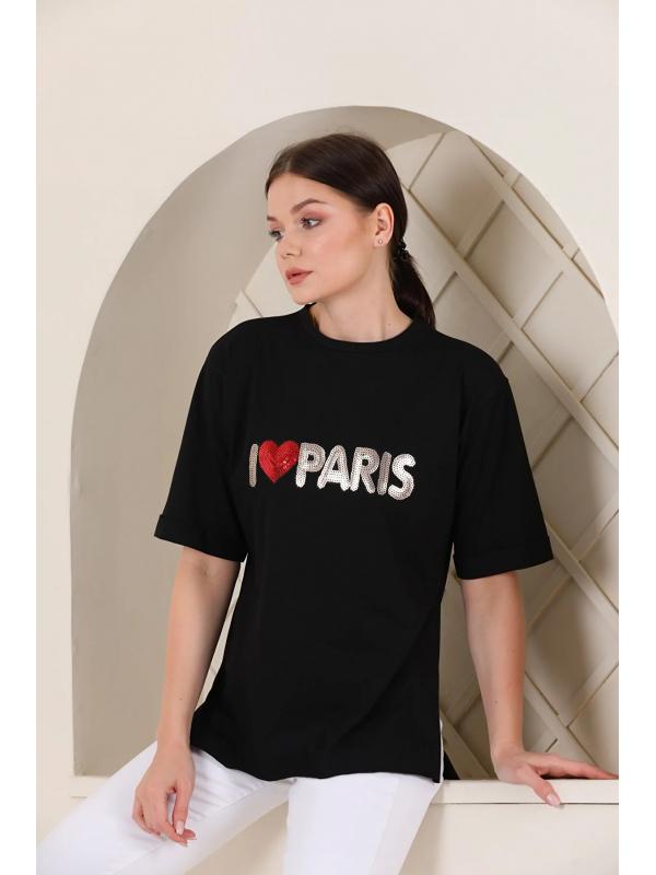 Kadın Oversize Paris Baskılı Yırtmaçlı T-shirt