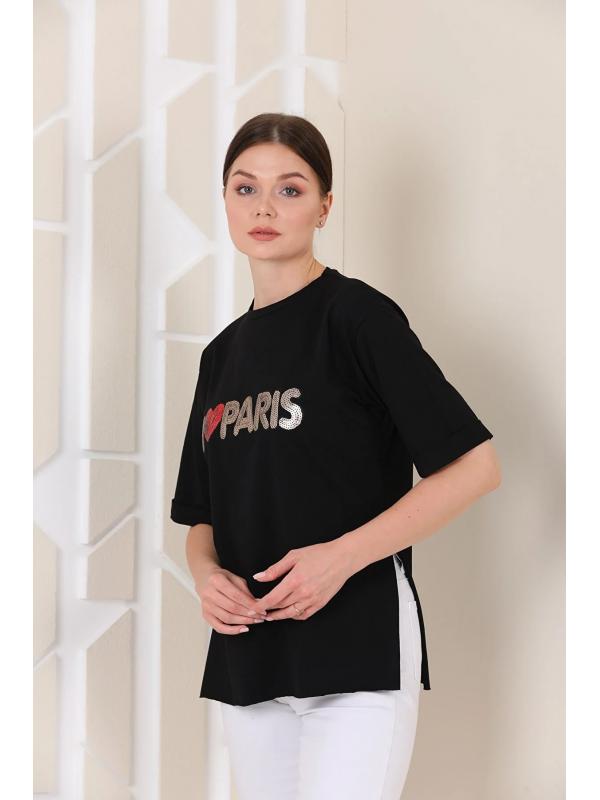 Kadın Oversize Paris Baskılı Yırtmaçlı T-shirt