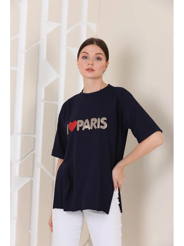 Bayan Oversize Paris Baskılı Yırtmaçlı T-shirt