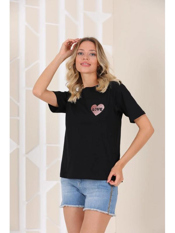 Kadın Siyah Love Pul Payet Detaylı T-shirt