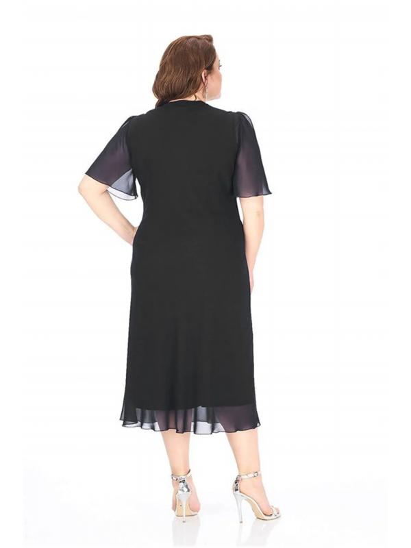 Büyük Beden Siyah Renkli Pile Yaka Kısa Abiye Şifon Elbise